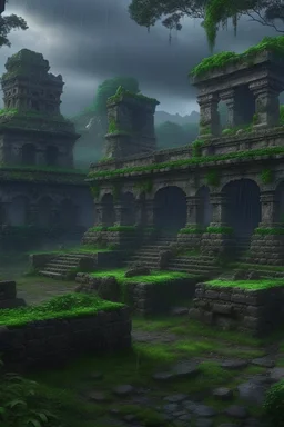 The ruins of a stone village in the midst of rain and thunderbolts in the jungle