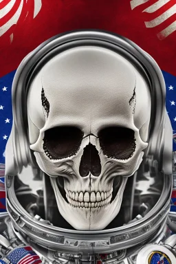 A close up of a skeleton face looking at the camera from a mysterious side view. Deep bony features and inside the hollow eyes are red shining lights, scary. Dressed in an astronaut suit floating in space. On his suit is an American flag and in his one hand is a small wavering American hand flag. From the back of his suit is blowing out blue, white and red smoke. Realistic, 8k, highly detailed, funny