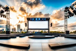 a big open empty disko stage in modern city in a very big square , at distance,blue sky pretty clouds ,night .