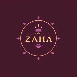 A circle face logo with the name (ZAHA) for a cafe with a sun symbol and a classic purple theme