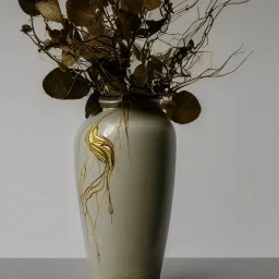 photo of a cracked ceramic vase repaired with gold, kintsugi, beautiful, vines and leaves, rosebuds, delicate, cinematic, high detail, beautiful composition, delicate arrangement, aesthetic, soft lighting, award winning photography, tender