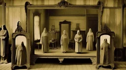 A vintage photograph with sepia tones and aged textures, Mirrors reflect ghostly figures in the mansion of the damned, evoking a sense of timelessness and mystery