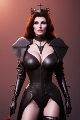 Raquel Welch as evil queen in black leather, leather, busty, cleavage, angry, stern look. character design by cory loftis, fenghua zhong, ryohei hase, ismail inceoglu and ruan jia. unreal engine 5, artistic lighting, highly detailed, photorealistic, fantasy