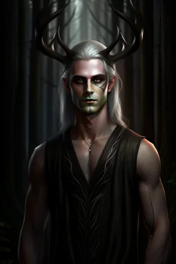A mysterious portrait of a teen boy a with elegant antlers standing amongst a tall trees in a dark forest, pale skin, lustrous silver hair, very long hair, lean and athletic, wearing a leather vest, no shirt, no sleeves, dark background, glowing light from side, delicate line work, intricate details, high resolution,