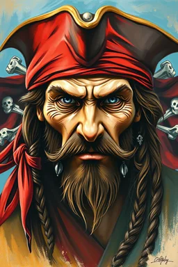 an expressive painting of the pirate of the Caribbean face with the pirates skull flag in the background, might see a companion with features of absolute strength and determination, blended with warmth and deep faith. Perhaps his head expresses wisdom and courage, with eyes radiating confidence and faith.