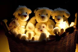 Cute but quirky stuffed animals lie in a carved basket on a soft sling, by candlelight