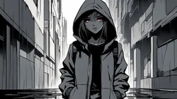 A brutalist architecture cyberpunk alley in a simple anime style, grayscale, rainy, dark, pitch black, foggy, with a girl wearing techwear clothing and a hoodie up leaning against the wall and showing her serious/emotionless face, with a more tanned skin tone, on the right side of the image