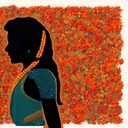 silhouette d'indienne en sari dans un monde en fleurs, concept art, crépuscule , bleu oranger