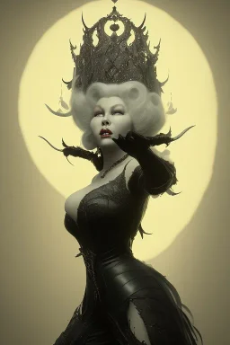 Mae West as evil queen in black leather, leather, busty, cleavage, angry, stern look. character design by cory loftis, fenghua zhong, ryohei hase, ismail inceoglu and ruan jia. unreal engine 5, artistic lighting, highly detailed, photorealistic, fantasy