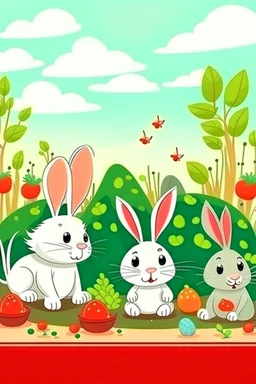 Cartoon rabbits on farm seeds vegetables