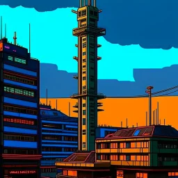 cyberpunk retro futuristic for comics really tall from far away