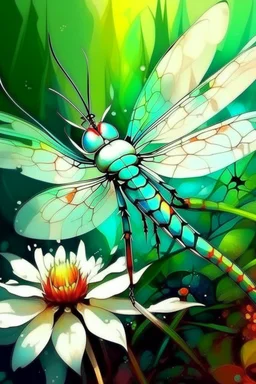 A beautiful colorful Dragonfly on a white flower Bosch painting style nightmare