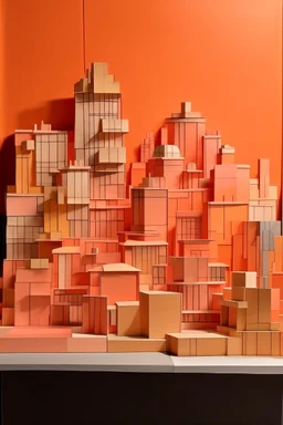 A light rosy orange colored town made out of stacked blocks painted by Raymond Duchamp-Villon