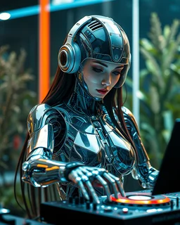 full body rendering Beautiful Female as Hybrid mecha robotic DJ chasing clear surfaces it from transparency super clear glass explore inside components nature plants, advance design futuristic sci fi picture,find details,Sony Alpha 7 50mm 1.8,medium shot, high-resolution image with fine details,ultra detailed,ultra realistic,extremely realistic,intricate,photorealistic,epic composition