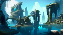 ruined alien village with waterfall, bridges, trees, next to lake, with cliffs, and blue sky