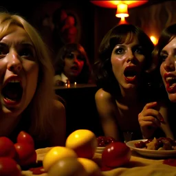 Horror movie shot, hot, ultra l realistic, dine, horns, ultra chaos, realistic hot blonde women, party, pieces of meat, tongue, organs, hot dynamic, very excited people, hypermaximalist figures, light, 1970's Italian horror movie, sinister,, Dario Argento, Stanley Kubrik, ornate, 4k, photorealism