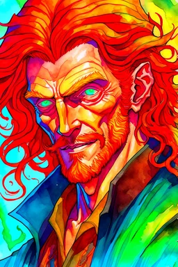 dnd, fantasy, watercolour, large strokes, stylistic, portrait, illustration, dull colours, male, face, narrow long face, weathered face, green eyes, determined, smiling, red hair, very long hair streaming down the shoulders, lush hair, radiating light, five o'clock shadow, elegant, short small mouth, smile