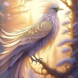 an extraordinarily beautiful fantasy bird with a long fluffy tail sits on a spruce branch, a random view, all shades of satin from white to purple shimmer, airy fabulous pastel tones, soft lighting, fractally, animal art, filigree, fine drawing of small details with gold ink, grunge, watercolor drawing, sunlight from behind,64k