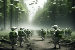 war between aliens who are in forest on the ground and people who are on white ground outside forest