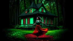 slim nymph dancing in a woodland clearing, with a gothic house behind her. vibrant colour