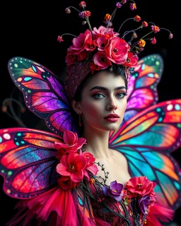 Gorgeous Realistic Photography Camera Lens soft blur Pretty European Supermodel as Beautiful Lady Butterfly, a stunning beautiful woman adorned in vibrant carnival attire, ethereal beauty, black background, with swirling colors and fantastical tiny flowers, enchantment and grace, twisted vines, whimsical, surreal landscapes, emotive style, dreamlike quality, and magical realism, carnival red, ethereal pink, whimsical blue, vibrant green, celestial purple, golden amber, and shimmering silver