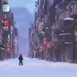 foto tirada por tras de um homem solitário sentado no chão, nas ruas de tokyo, na neve na noite de natal pós apocalipse, lua cheia, particulas