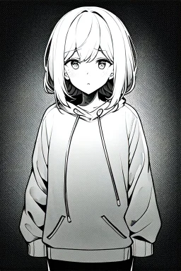 thoughtful girl in a loose sweatshirt, line arts, greyscale,