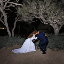 Night, stars in the sky, The good old druid pinning Giselle to the ground in a grove in Los Angeles, California, February 2019