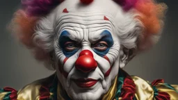 Elderly clown, comfortable, confident, outrageous, congruent, showing his head and upper body, perfect sparkling eyes, perfect anatomy, exquisite composition, beautiful detailed intricate detailed octane render, 8k artistic photography, photorealistic, soft natural volumetric cinematic perfect light, chiaroscuro, award-winning photograph, masterpiece, raphael, caravaggio, bouguereau