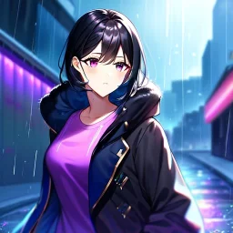 8k, Girl, high quality, detailed, black hair, purple eyes, beautiful lighting, vibrant colors, jacket, raining,