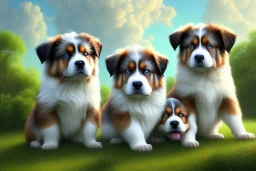 hyperrealistic digital gouache matte painting and pencil, volumetric nature environment, organic, (( cute, happy ( australian shepherd and saint bernard crossbreed ) puppies playing together )), close-up portrait, elegant, intricate, realistic shaded volumetric lighting, volumetric clouds, concept art, detailed eyes, illustration, 8k, uhd, hires, backlight, centered camera view, colour-washed colors, ambient occlusion, sunlight caustics, design and art by sam curry