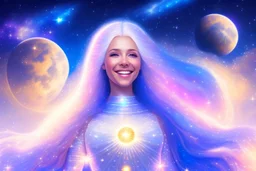 very beautiful cosmic women with white long hair, smiling, with cosmic dress and in the background there is a spaceship with light below and a bautiful sky with stars and light beam