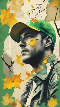 background old, cracks, yellow, torn canvas, gouache, double exposure, man, baseball cap, 40 years old, fine drawing, blots, newspaper scraps, leaves, green, autumn, city, branches, rowan, 8K, double exposure