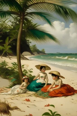 tropical beach two childeren and a woman lying paining neoclassism