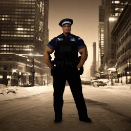 large muscular police officer, downtown snowy new york at night, dramatic, dramatic lighting, volumetric lighting, hyperrealism, 8k, high quality, photorealistic, lot of details