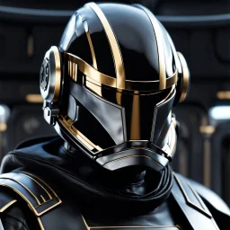 star wars bald male corellian pilot wearing pearlescent black and gunmetal grey First Order special forces heavy assault armor and helmet with gold trim inside the jedi temple, centered portrait, hyperdetailed, dynamic lighting, hyperdetailed background, 8k resolution, volumetric lighting, light skin, fully symmetric details