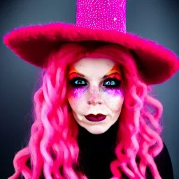 Pink witch made of fire with red eyes. Long curly wild pastel pink hair. Pink and red eyeshadow. Red lipstick. Freckles. Big pink witch hat.