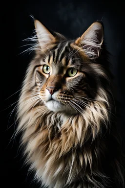Close up portrait of a maine coon cat getting out of the dark, fog morning , natural vivid colors, dynamic light and shadow, very detailed scene with intricate details,