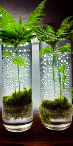 cinematic shot of flowers and ferns inside a test tube, waterdrops, dewdrops, moss, crystal, luxurious, bell jar