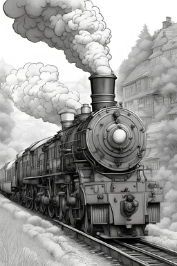 Generate a coloring page featuring steam trains, such as locomotives with different wheel configurations (e.g., 4-4-0, 2-6-2) and styles (e.g., vintage, fantasy, futuristic). Incorporate the trains into diverse and captivating landscapes, including but not limited to: Countryside scenes with rolling hills and meadows. Urban environments with train stations, cityscapes, and bridges. Coastal scenes with lighthouses and ocean views. Mountainous terrains with tunnels and viaducts.