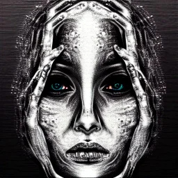 Silver on black paper portrait of female face of migraine, face distorted with pain, reverse colors, screaming, tears streaming from eyes, colorless, glitchcore, dystopian, horror, ultra realist texture, intricate line drawing,