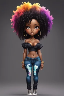 create a colorful abstract silhouette art image 8k of a chibi curvy black female wearing torn jeans pants and a black tie dye off the shoulder blouse. Prominent make up with hazel eyes. Highly detailed long tight curly afro in a hair wrap.