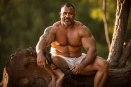 close up photography of a marocan 44 years old seated on a tree trunk in the wood, burly chubby muscular , big shoulders, manly chest, white bulging boxer, shirtless, hairy , golden hour, tatoo, 35mm lens, f/1.8, accent lighting, global illumination, frontal view from the ground