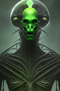 alien, head, evil,green eyes, weapons, blood, 8k, finely detailed, photo realistic, HR Giger style