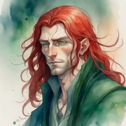 dnd, fantasy, watercolour, large strokes, stylistic, portrait, illustration, dull colours, male, face, narrow long face, weathered face, green eyes, determined, smiling, red hair, very long hair streaming down the shoulders, radiating light, five o'clock shadow, elegant