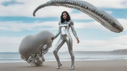 A woman with dark hair in a silver robotic catsuit, standing on a beach, flying mushrooms, with octopus tentacles floating above her