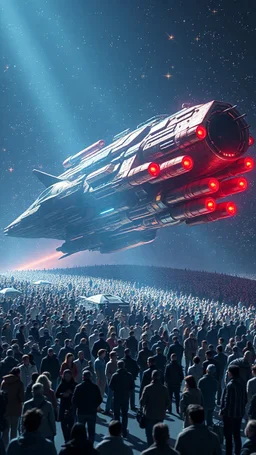 A field of random people in a bright lighting , at the end of the picture a huge complicated details texture of a colorful spaceship , lot of rockets