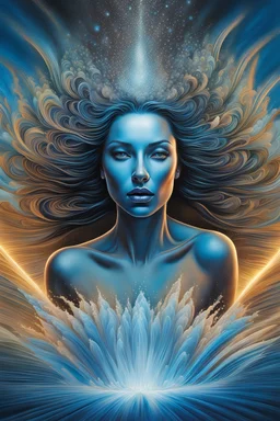 A breathtaking, epic, panoramic view: a large splash of water in the shape of an exploding gorgeous woman :: 8K, airbrush art, pencil sketch, azure blue, black, magnificent, dramatic, spectacular, in the style of Amanda Sage, Alex Grey and Cameron Gray, magnificent, facing camera, award winning, crisp quality