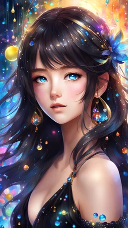 "Create a mesmerizing digital painting featuring a pretty and attractive young anime girl with shiny dark golden medium hair. She wears a black dress adorned with gorgeous colorful dew drops, and her lovely bright blue eyes shine in a full-body view. Surround her with a dreamy and magical land filled with colorful, transparent, and vivid colors. Your art should transport the viewer into a world of wonder and enchantment, inviting them to immerse themselves in the beauty of your creation."