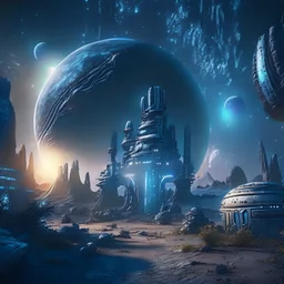 extremly detailed fantasy sci fi landscape with interesting object and buildings, beatiful starry night sky, planets on background, unreal engine 5, 8k resolution, photorealistic, ultra detailed